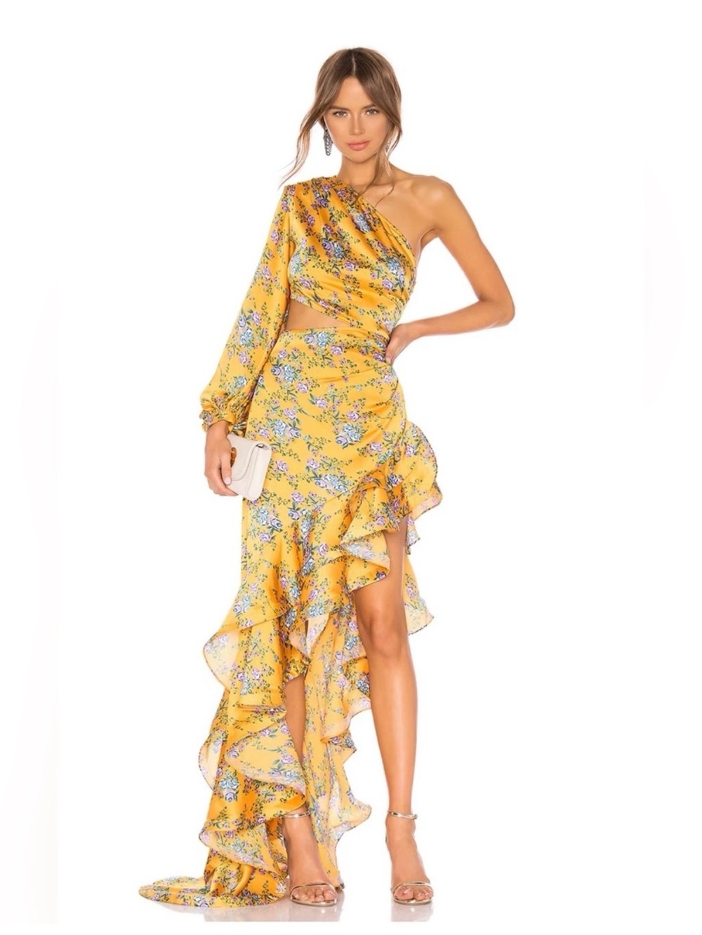Yellow Bronx and Banco Hanna One-Shoulder Ruffle Maxi Dress